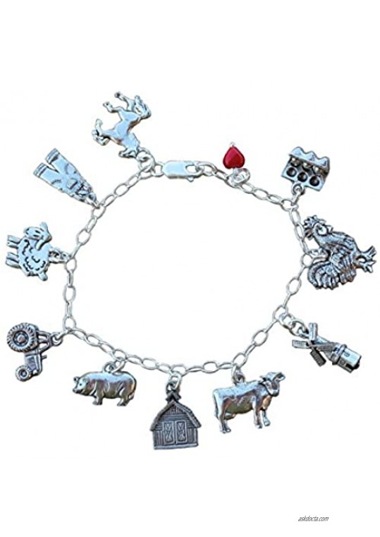 Night Owl Jewelry Farm Charm Bracelet- Pewter Barnyard Animal Charms Sterling Silver Chain- Made in USA- Sizes XS to XL