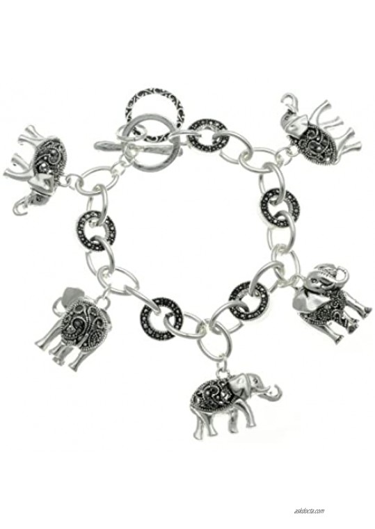 PammyJ Silvertone Filigree Design Elephant Charm Bracelet