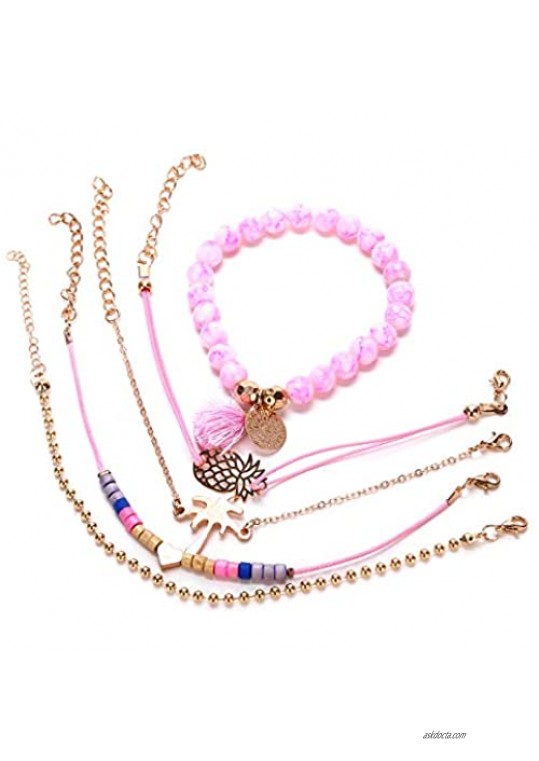 POYDORA 5 Pcs Layered Beaded Bracelet Set Stackable Wrap Bangle Adjustable Beads Bracelet Natural Stone Link Chain for Women Girls