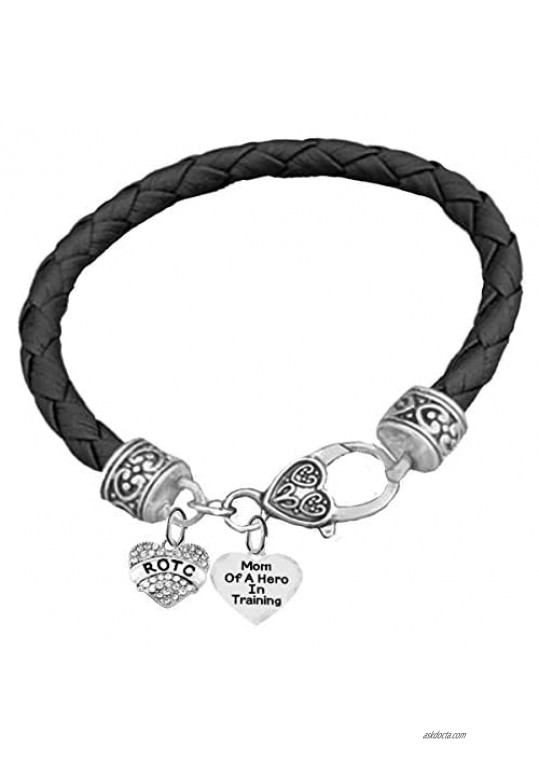 ROTC Mom Of A Hero In Training Genuine Black Leather Bracelet Hypoallergenic Safe-Nickel Lead And Cadmium Free