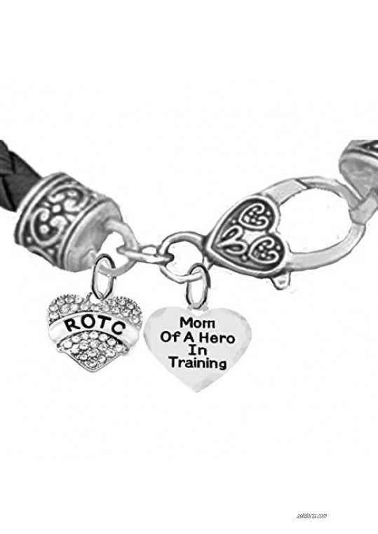 ROTC Mom Of A Hero In Training Genuine Black Leather Bracelet Hypoallergenic Safe-Nickel Lead And Cadmium Free