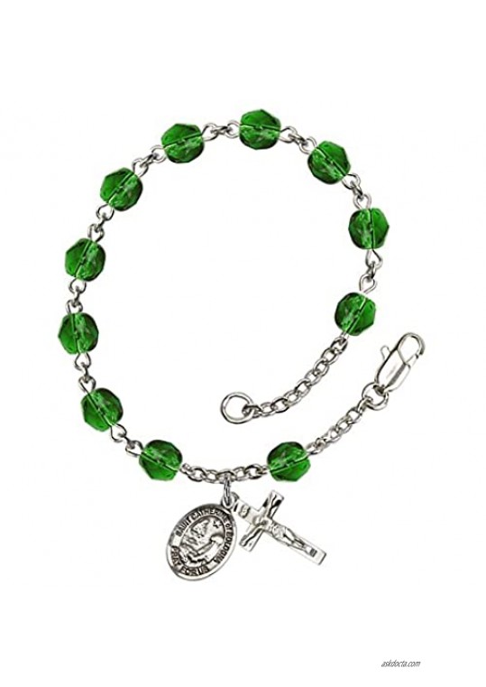 Silver Plate Rosary Bracelet features 6mm Emerald Fire Polished beads. The Crucifix measures 5/8 x 1/4. The charm features a St. Catherine of Bologna medal.