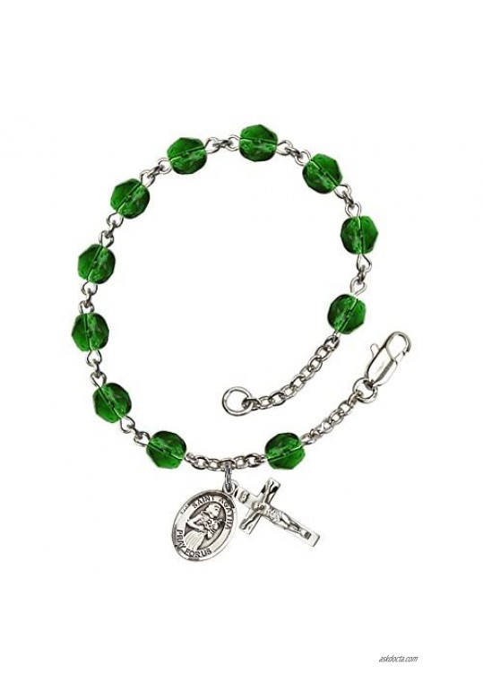 St. Agatha Silver Plate Rosary Bracelet 6mm May Green Fire Polished Beads Crucifix Size 5/8 x 1/4 medal charm