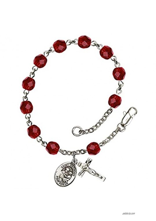 St. Anthony of Padua Silver Plate Rosary Bracelet 6mm July Red Fire Polished Beads Crucifix Size 5/8 x 1/4 medal charm