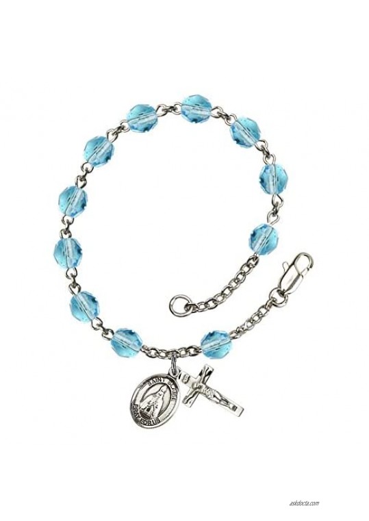 St. Blaise Silver Plate Rosary Bracelet 6mm March Light Blue Fire Polished Beads Crucifix Size 5/8 x 1/4 medal charm
