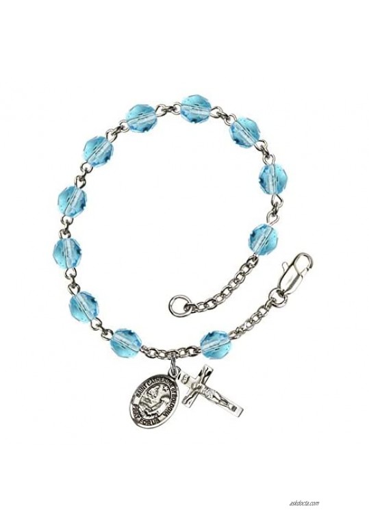 St. Catherine of Bologna Silver Plate Rosary Bracelet 6mm March Light Blue Fire Polished Beads Crucifix Size 5/8 x 1/4 medal