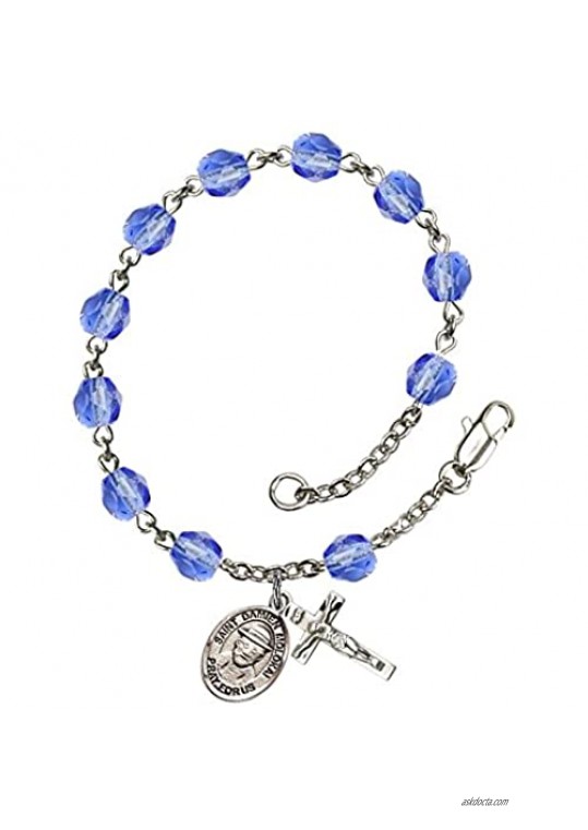 St. Damien of Molokai Silver Plate Rosary Bracelet 6mm September Blue Fire Polished Beads Crucifix Size 5/8 x 1/4 medal charm