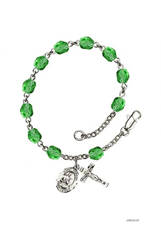 St. Gerard Majella Silver Plate Rosary Bracelet 6mm August Green Fire Polished Beads Crucifix Size 5/8 x 1/4 medal charm