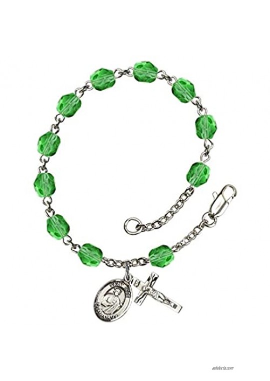 St. Jude Thaddeus Silver Plate Rosary Bracelet 6mm August Green Fire Polished Beads Crucifix Size 5/8 x 1/4 medal charm