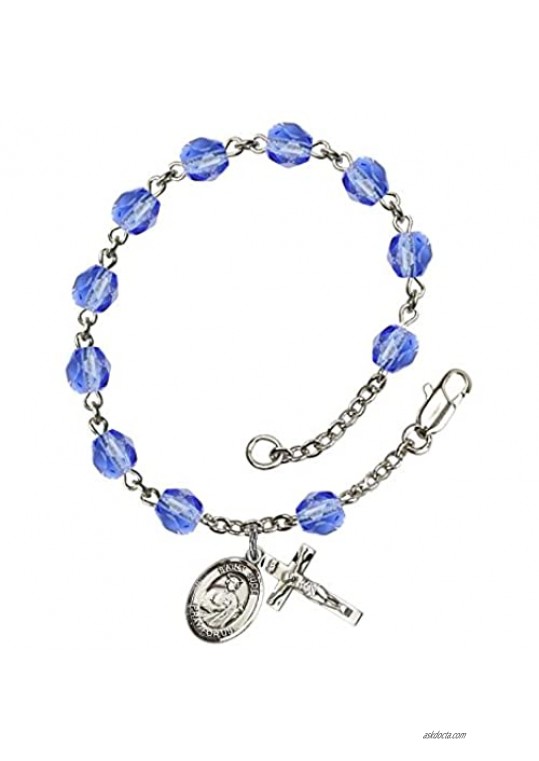 St. Jude Thaddeus Silver Plate Rosary Bracelet 6mm September Blue Fire Polished Beads Crucifix Size 5/8 x 1/4 medal charm