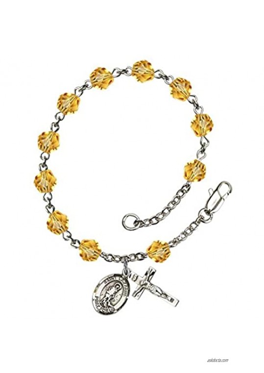 St. Lazarus Silver Plate Rosary Bracelet 6mm November Yellow Fire Polished Beads Crucifix Size 5/8 x 1/4 medal charm