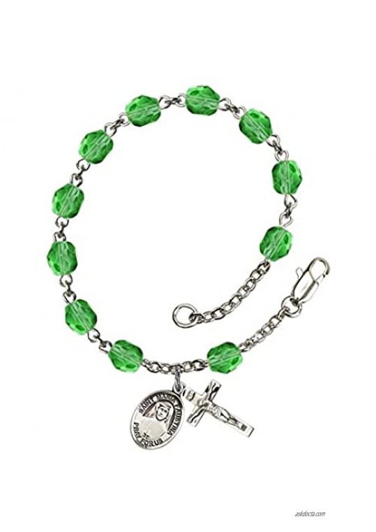 St. Maria Faustina Silver Plate Rosary Bracelet 6mm August Green Fire Polished Beads Crucifix Size 5/8 x 1/4 medal charm