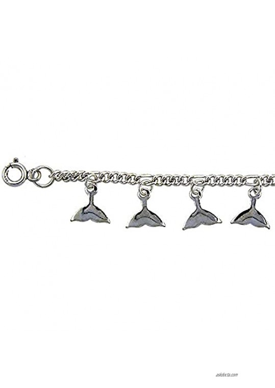 Sterling Silver Dangling Whale Tail Charm Charm Bracelet for Women 12mm drops fits 7-8 inch wrists