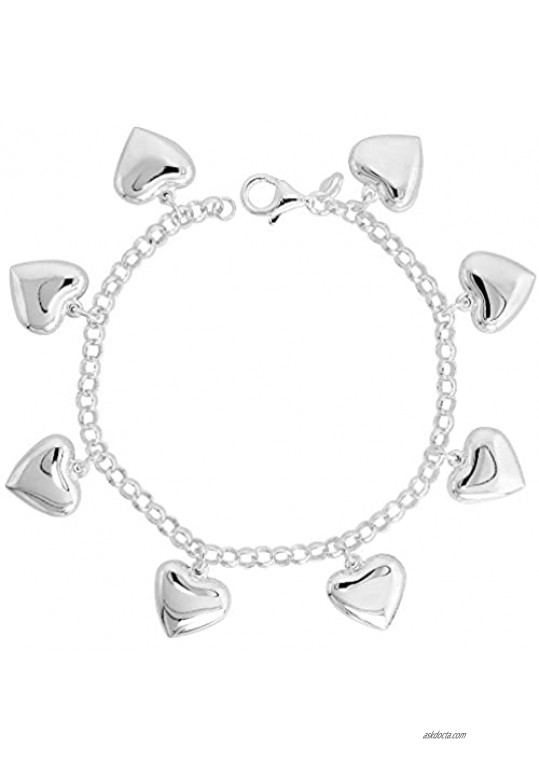 Sterling Silver Puffy Hearts Bracelet for Women 5/8 inch Dangling Charms 7 inches long