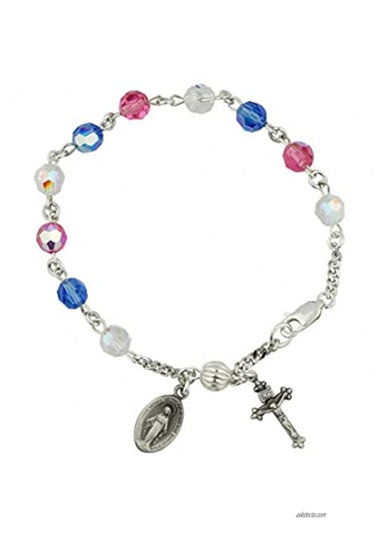 VILLAGE GIFT IMPORTERS Deluxe Multicolor Sterling Silver Decade Rosary Bracelet | Beautiful Blue  Pink  and Clear Swarovski Beads | Miraculous Medal and Crucifix Charms | Handmade in The USA
