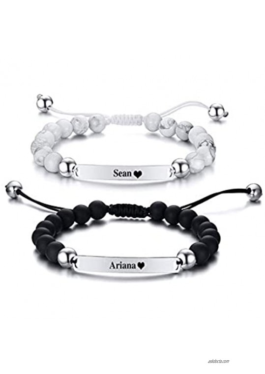 Yopicks Matching Relationship Magnetic Couples Bracelets with Engraved Name Text Personalized Adjustable Matte Agate Bead Bracelets for Him and Her