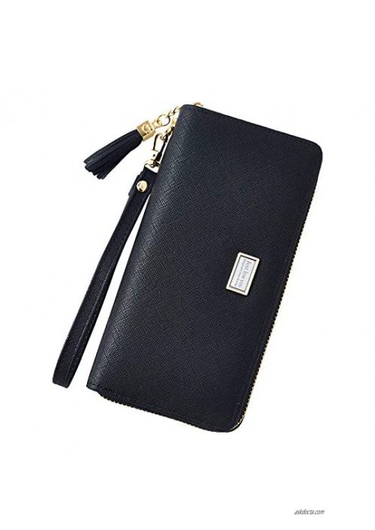 Cyanb Wallet for Women Large Bifold Wristlet Soft Leather with Tassel Card Money Organizers