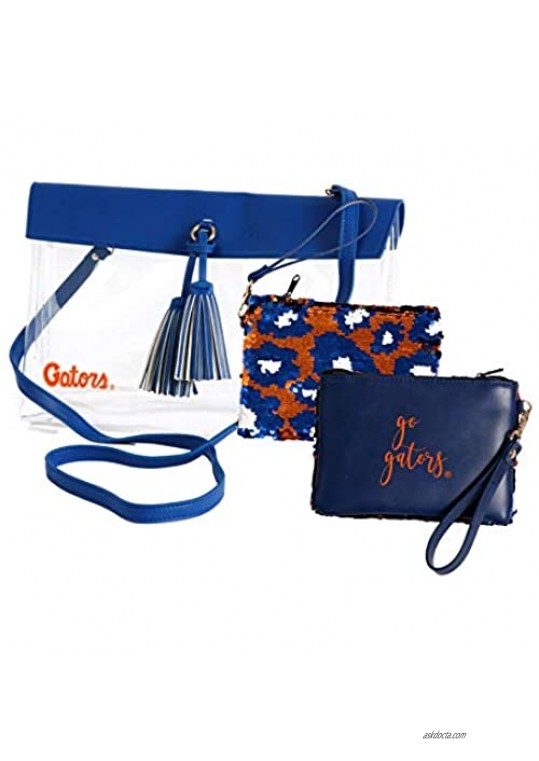 Florida Gators Clear Handbag/Purse and Reversible Sequined Wristlet Combo with Vegan Leather Trim and Removable Straps