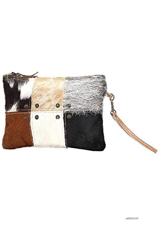 Myra Bag Button Squares Cowhide Leather Wristlet Bag S-0988