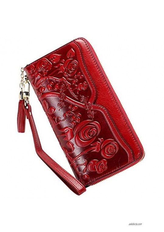 PIJUSHI Genuine Leather Wallets for Women Floral Wallet Wristlet Ladies Clutch Purses with Tassel