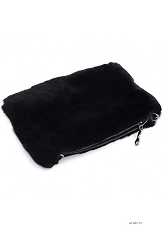 surell - Real Rex Rabbit Fur Wristlet Bag - Fuzzy Clutch Purse w Long Strap - Fluffy Soft Wallet Bag w Zipper Closure - Luxurious Fashion Purse Gift - Chic Modern Pocketbook - (Black)