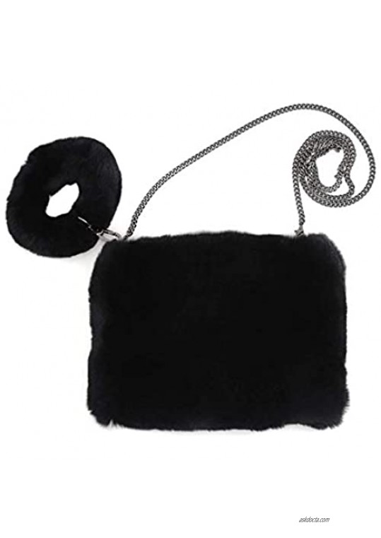 surell - Real Rex Rabbit Fur Wristlet Bag - Fuzzy Clutch Purse w Long Strap - Fluffy Soft Wallet Bag w Zipper Closure - Luxurious Fashion Purse Gift - Chic Modern Pocketbook - (Black)