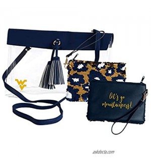West Virginia Mountaineers Clear Handbag/Purse and Reversible Sequined Wristlet Combo with Vegan Leather Trim and Removable Straps