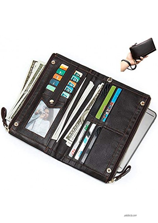 Womens RFID Blocking Bifold Wallet Wristlet Genuine Leather Phone Checkbook Holder with Dual Zipper Pockets