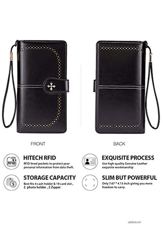 Women's Wallets Leather Large Capacity Card Holders with RFID Blocking Wristlet Clutch Purse (Black)