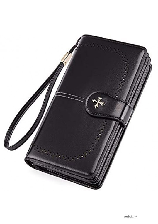Women's Wallets Leather Large Capacity Card Holders with RFID Blocking Wristlet Clutch Purse (Black)