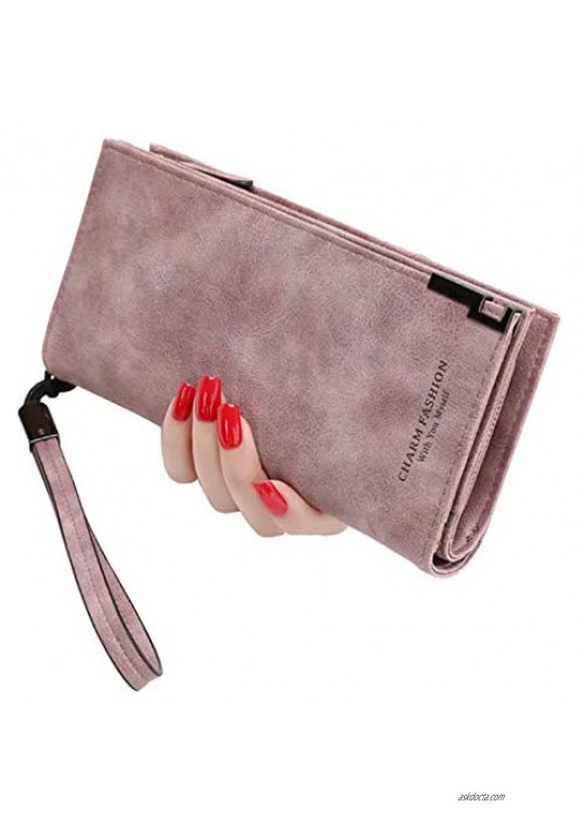 Womens Walllet RFID Blocking Bifold Card Case Lady Wristlet Handbags Notecase Large Capacity Phone Clutch with Wrist Strap