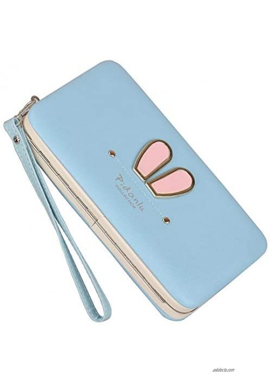 Wristlet Clutch Wallet for Women  Long Leather Wallet Case Cellphone Box Evening Clutch Purse (A2 Blue Rabbit)