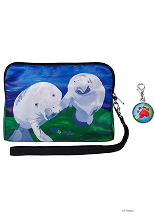 Wristlet Zip-top with Detachable Strap and Charm - Vegan - Wearable Art - Animals - Multi-purpose Clutch Bag Purse Wallet
