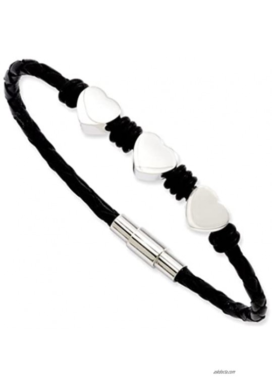 Black Bow Jewelry Stainless Steel Hearts and Black Leather Bracelet 7.5 Inch