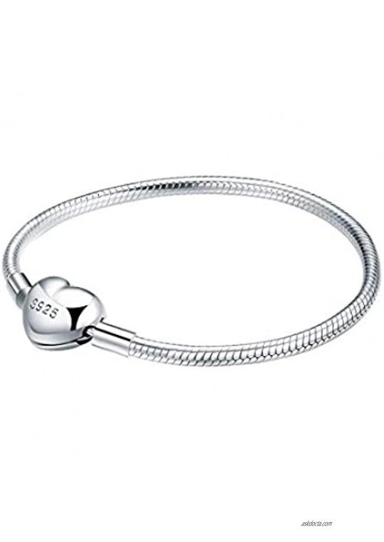 ChicSilver 3MM 925 Sterling Silver Basic Charm Bracelet Snake Chain Bracelets with Heart/Round Clasp 6.3/6.7/7.1/7.5/7.9/8.3/8.7/9.1 (with Gift Box)