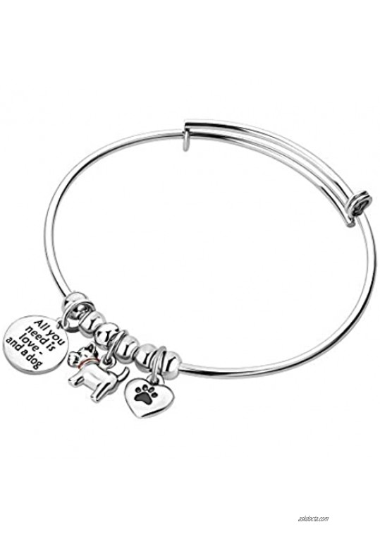 CLY Jewelry Engraved Charm Inspirational Heart Pendant Animal Paw Print Expandable Bangle Bracelet