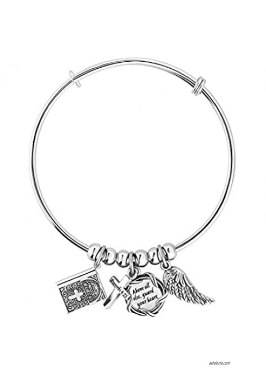 CLY Jewelry Expandable Engraved Charm Bracelet Religious Bible Verse Cross Bangle Bracelet
