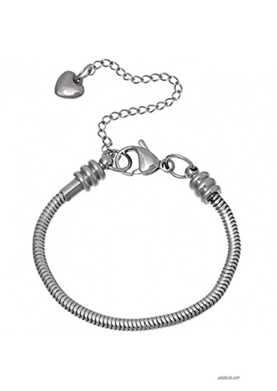 European Style Stainless Steel Snake Chain Charm Bracelet with Heart Lobster Clasp