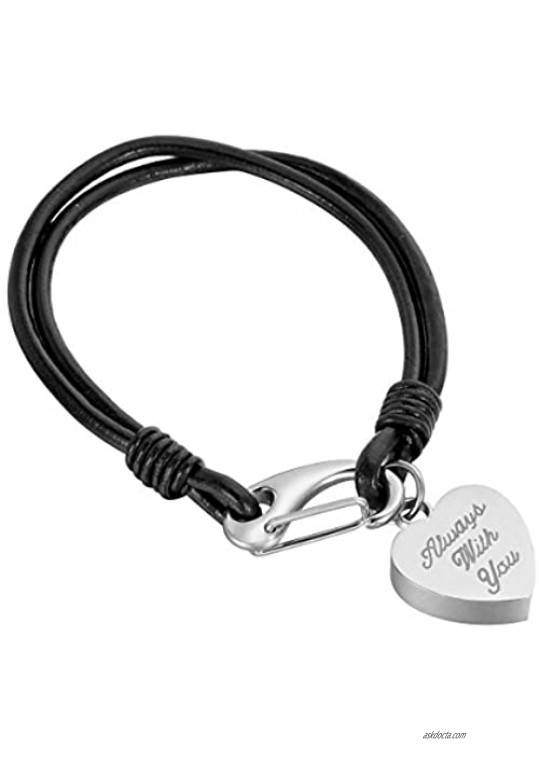 HooAMI Cremation Urn Bracelet for Ashes Holder Stainless Steel Always with You Heart Charm Leather Bracelet