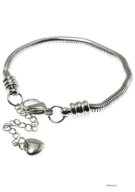RLECS 7 Bead Charms Bracelet Stainless Steel European Style Snake Chain Starter with Lobster Clasp