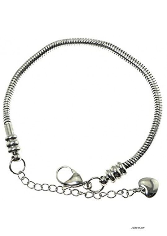 RLECS 7 Bead Charms Bracelet Stainless Steel European Style Snake Chain Starter with Lobster Clasp