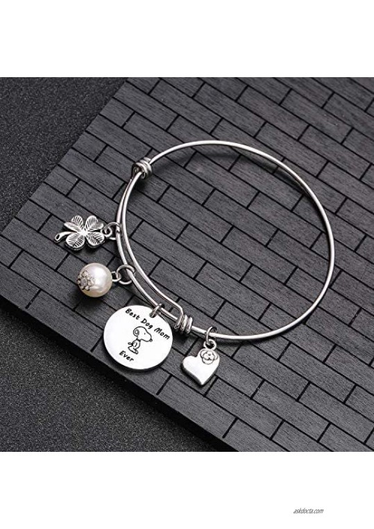 TzrNhm Blossom Best Dog Mom Ever Bangle Bracelet for Women Girls Dog Lover Keychain Gifts