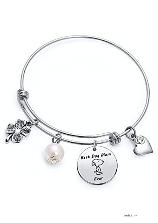 TzrNhm Blossom Best Dog Mom Ever Bangle Bracelet for Women Girls Dog Lover Keychain Gifts