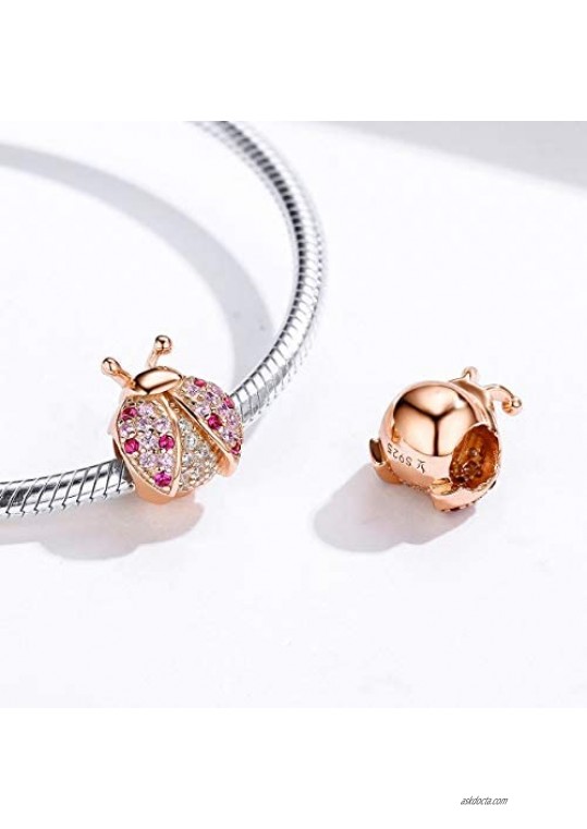 925 Sterling Silver Lucky Pink Ladybug Charm Fashion Bracelets for Women (Rose Gold)