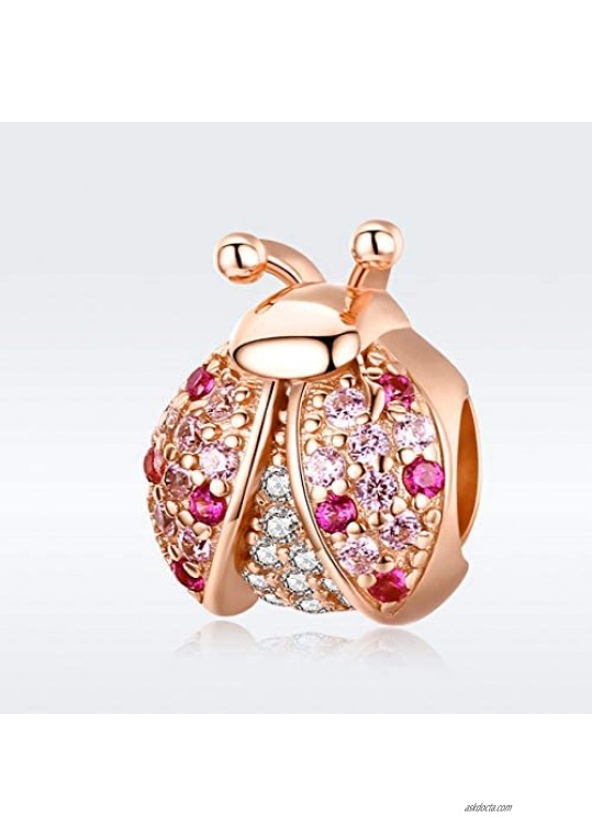 925 Sterling Silver Lucky Pink Ladybug Charm Fashion Bracelets for Women (Rose Gold)