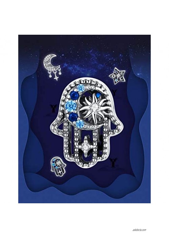BAMOER Hamsa Hand Charm for Bracelet Necklace 925 Sterling Silver Blue Cubic Zirconia Evil Eye Charm Lucky Jewelry Gifts