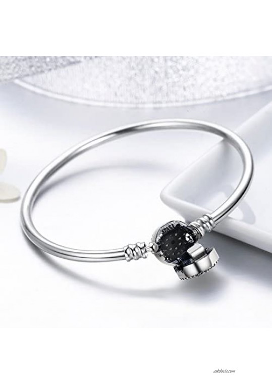 BISAER Evil Eye Bracelet Sterling Silver Clasp Charm Bangle Bracelet for Bead Charms with Sapphire Gemstones Evil Eye Clip Lock Stopper(17/19cm/ 21cm)
