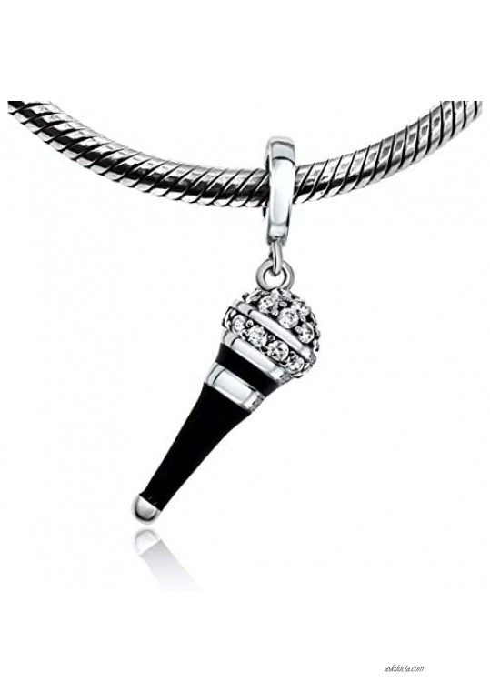 BOLENVI Crystallized Microphone Singer Speaker 925 Sterling Silver Pendant Charm Bead For Pandora & Similar Charm Bracelets or Necklaces