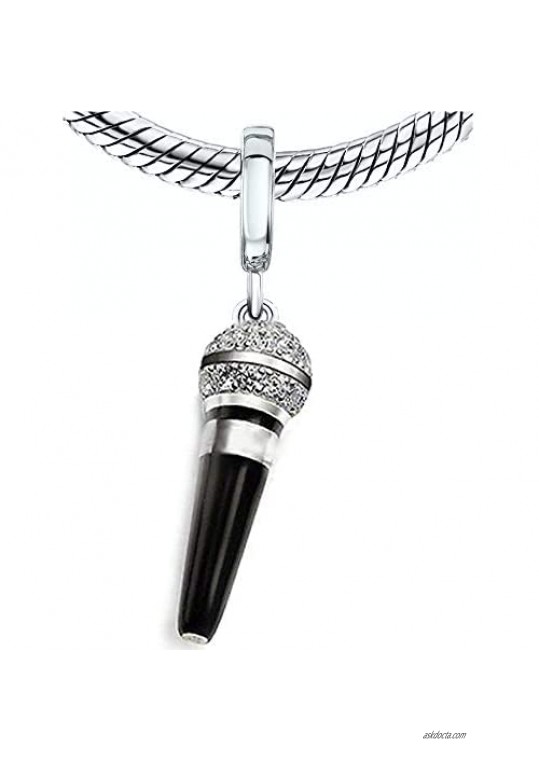BOLENVI Crystallized Microphone Singer Speaker 925 Sterling Silver Pendant Charm Bead For Pandora & Similar Charm Bracelets or Necklaces