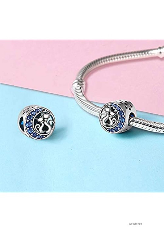 Cute Cat Bead Charms fit Pandora Charms Bracelet Blue Crystal Charm fit Snake Chain Bracelets